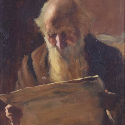 Sale Photo Thumbnail #37: John R. Houston Oil on Canvas Old Man Reading a Newspaper