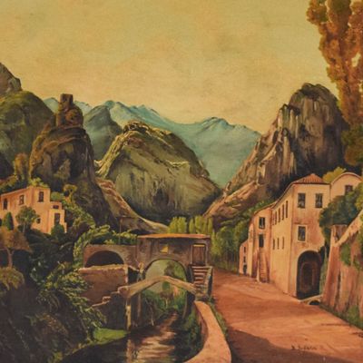 Sale Photo Thumbnail #23: B. Bufalini Oil on Canvas European Mountain Village Landscape, 1971