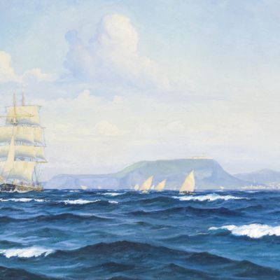Sale Photo Thumbnail #198: Emil Axel Petersen Oil on Canvas Marine Painting of a Sailing Ship near Barcelona