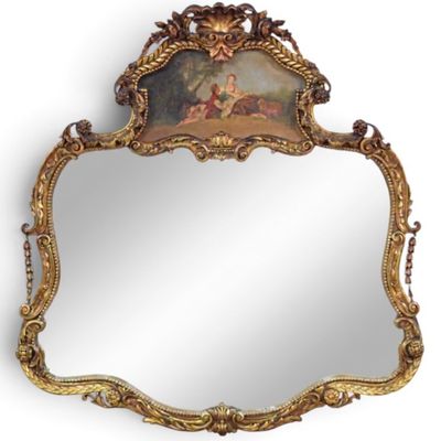 Sale Photo Thumbnail #152: Large Louis XV Style Gilded Mantle Mirror with Pastoral Painting