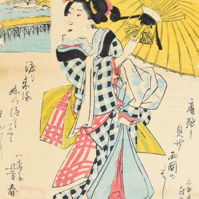 Sale Photo Thumbnail #318: Isshosai Haruo, Japanese Woodblock Print of a Beauty with Parasol