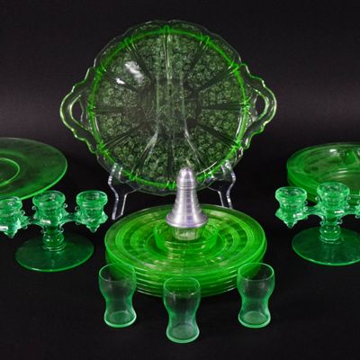 Sale Photo Thumbnail #46: Collection of 20+ Pieces of Green Uranium Glass Tableware
