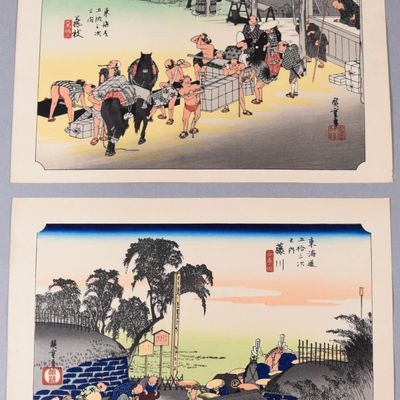 Sale Photo Thumbnail #330: 2 Japanese Woodblock Prints by Utagawa Hiroshige from The 53 Stations of the Tokaido