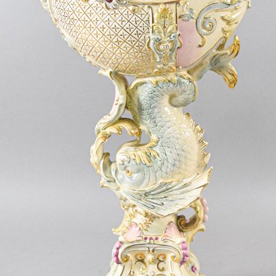 Sale Photo Thumbnail #61: Late 19th Century Rococo Revival Majolica Nautilus Centerpiece Compote Attributed to Wilhelm Schiller and Son