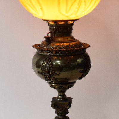 Sale Photo Thumbnail #283: Victorian Electrified Parlor Lamp with Floral Relief Glass Shade and Onyx Elements