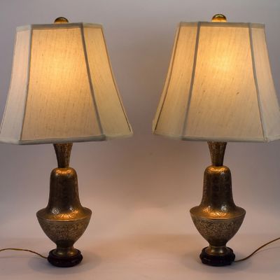 Sale Photo Thumbnail #287: A Pair of Anglo-Indian Style Etched Two-Tone Brass Table Lamps