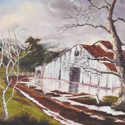 Sale Photo Thumbnail #11: American School Oil on Canvas Late Autumn Barn Landscape