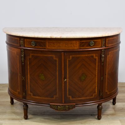 Sale Photo Thumbnail #120: Leonardo Co. Louis XVI Style Inlaid Demilune Cabinet with Marble Top