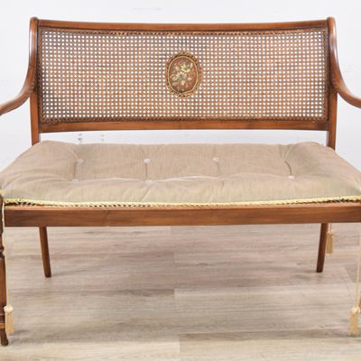 Sale Photo Thumbnail #108: Regency Style Caned Wood Settee with Hand-Painted Floral Medallion