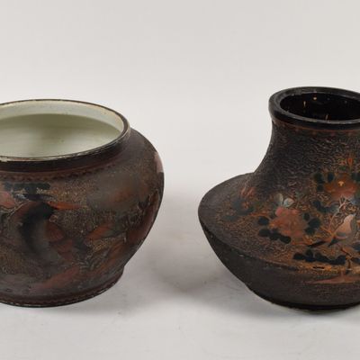 Sale Photo Thumbnail #292: A Pair of Japanese Meiji Period Tozan Bark Ground Enameled Ceramic Vessels