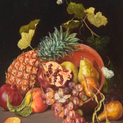 Sale Photo Thumbnail #20: Irmgard Arvin Oil on Panel Still Life with Fruit and Butterflies