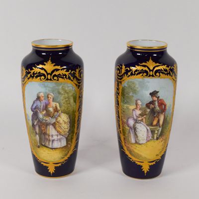 Sale Photo Thumbnail #62: A Pair of Sevres Style Cobalt Blue Hand-Painted Porcelain Vases Signed Eug Carel