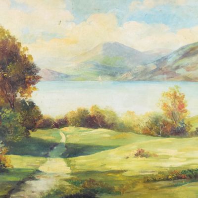 Sale Photo Thumbnail #7: Signed Oil on Canvas Autumnal Lake Landscape