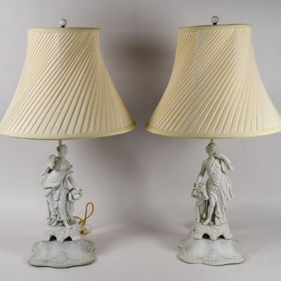 Sale Photo Thumbnail #146: A Pair of Andrea by Sadek Neoclassical Bisque Porcelain Figural Table Lamps