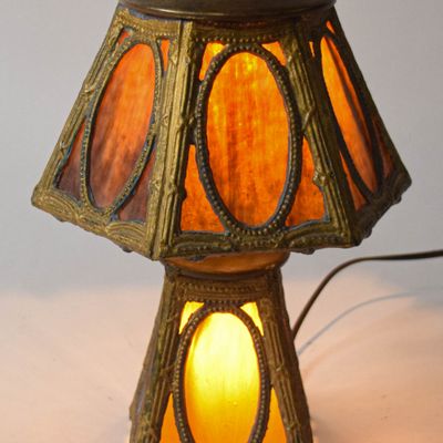 Sale Photo Thumbnail #274: Art Nouveau Style Slag Glass Hexagonal Boudoir Lamp with Illuminated Base