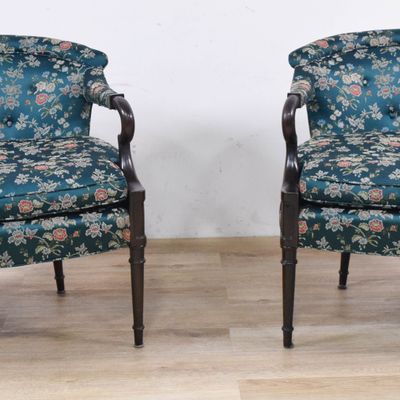 Sale Photo Thumbnail #103: A Pair of Traditional Barrel-Back Open Armchairs with Floral Damask Upholstery