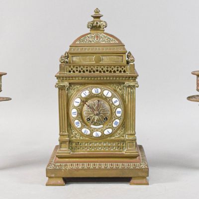 Sale Photo Thumbnail #155: Raingo Freres Patinated Bronze Clock Garniture Set