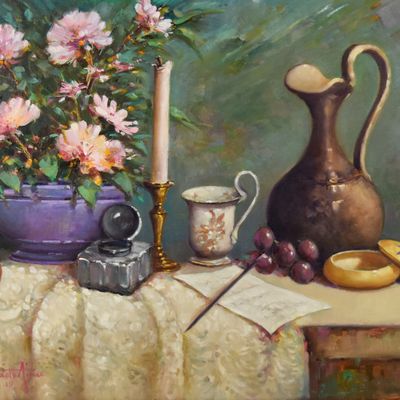 Sale Photo Thumbnail #16: Renato Aime Oil on Canvas Still Life with Flowers and Ewer