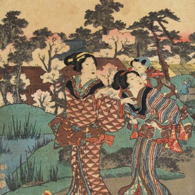 Sale Photo Thumbnail #320: Utagawa Toyokuni III (Kunisada), Japanese Woodblock Print, Women and Attendant in a Landscape