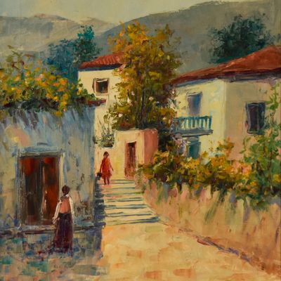 Sale Photo Thumbnail #27: John Adamos Manol Oil on Canvas Mediterranean Village Street Scene