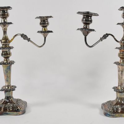 Sale Photo Thumbnail #213: Pair of Large Rococo Revival Silver-on-Copper Three-Arm Candelabra