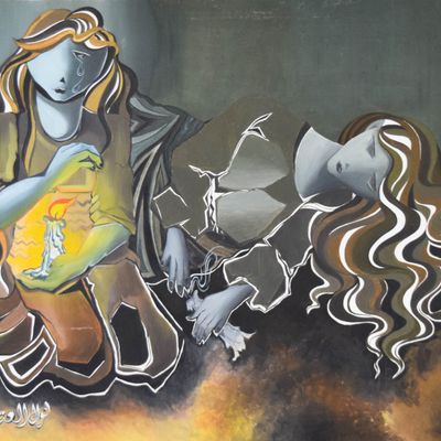 Sale Photo Thumbnail #40: Nawal Al-Atiq Oil on Canvas Stylized Mourning Scene