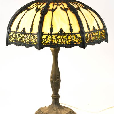 Sale Photo Thumbnail #273: American Slag Glass and Patinated Metal Filigree Table Lamp