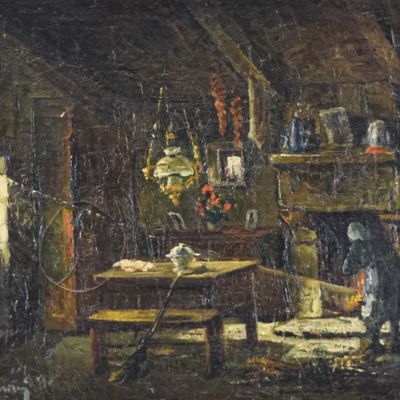 Sale Photo Thumbnail #38: Lucien Marie Le Gardien Oil on Canvas Interior Scene with Figure at Hearth