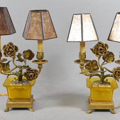 Sale Photo Thumbnail #284: A Pair of Art Nouveau Style Gilt Metal and Yellow Frosted Glass Two-Light Table Lamps with Mica Shades