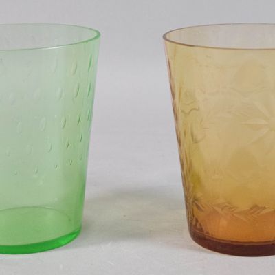Sale Photo Thumbnail #49: Two Glass Vases Incl Green Coin Spot and Amber Etched Floral