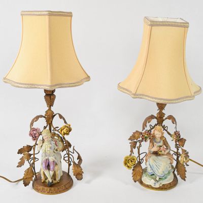Sale Photo Thumbnail #148: Pair of Capodimonte Porcelain and French Gilt Metal Figural Table Lamps