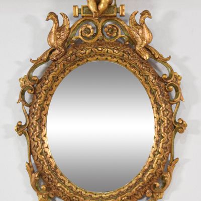 Sale Photo Thumbnail #153: Rococo Revival Carved Giltwood Oval Wall Mirror with Cherubs and Birds