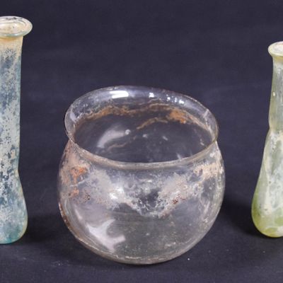 Sale Photo Thumbnail #43: 3 Roman Glass Vessels Including Two Unguentaria and a Small Bowl