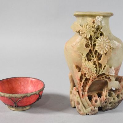 Sale Photo Thumbnail #307: Carved Chinese Soapstone Vase and Mounted Soapstone Bowl