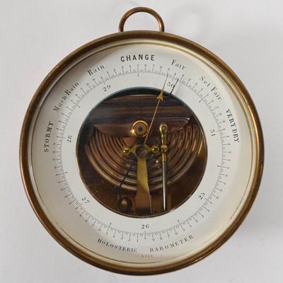 Sale Photo Thumbnail #200: Naudet Holosteric Brass Barometer and Thermometer in Original Case