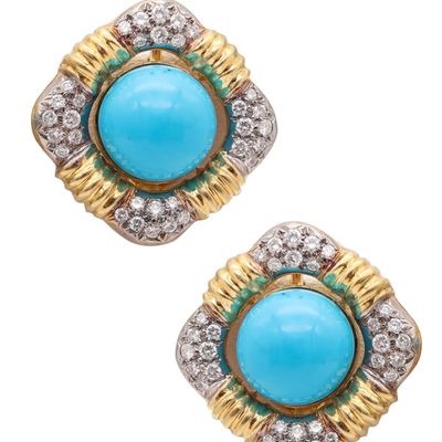 IVAN & CO. Modernist Turquoise Clips Earrings In 18Kt Gold With 3.20 Ctw Diamonds