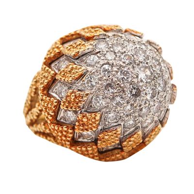 ITALIAN Mid Century Bombe Cocktail Ring In 18Kt Gold Platinum And 5.60 Cwt Diamonds