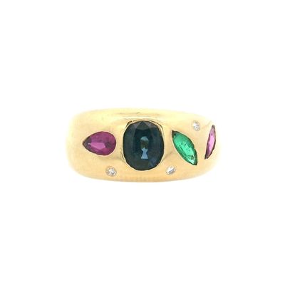 Mid-Century 18K Yellow Gold Ring with Sapphires, Rubies, Emeralds & Diamonds