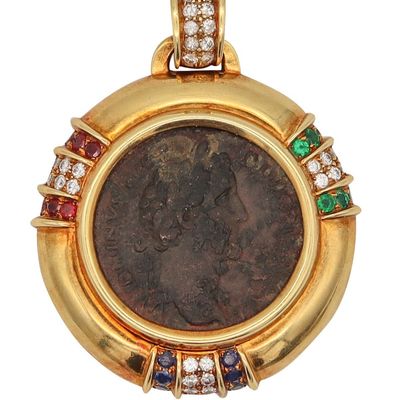 Ancient Roman Coin Pendant In 18Kt Gold With 3.97 Ctw In Diamonds Rubies Sapphires And Emeralds