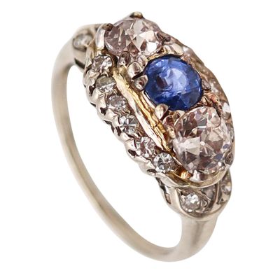 ART DECO 1920 Band Ring In 18Kt White Gold With 1.36 Ctw In Diamonds & Sapphire