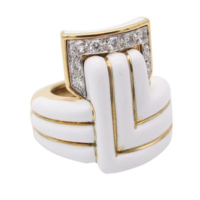 DAVID WEBB White Enameled Geometric Cocktail Ring With VVS Diamonds