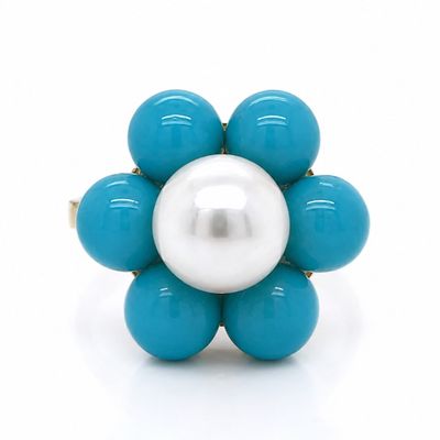 18K Yellow Gold Ring with Turquoise & Pearl