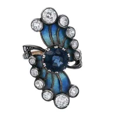 Art Nouveau 18K Yellow Gold Ring with 4.50 CTW in Blue Sapphire & Diamond