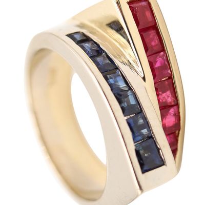 TANK RING Classic Ring In 14Kt Yellow And White Gold With Sapphires & Rubies