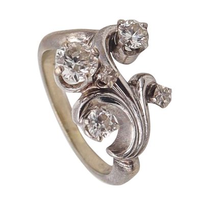 Art Deco Retro 1940 Swirl Ring In Solid 14Kt White Gold With Four White Diamonds