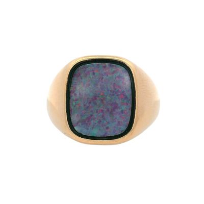 18K Yellow Gold Opal Doublet Ring with Black Enamel