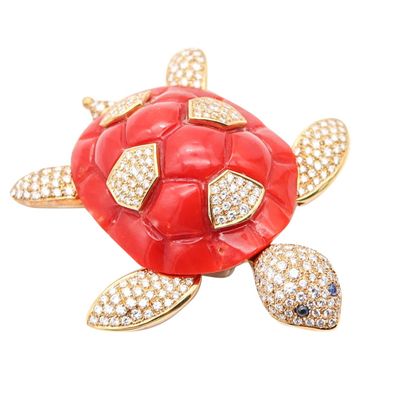 NARDI Venice 1960 Articulated Coral Turtle Brooch In 18Kt Gold Diamonds & Sapphires