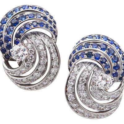 TIFFANY & CO. 1960 Platinum Clips-On Earrings With 6.02 Ctw Diamonds & Sapphires