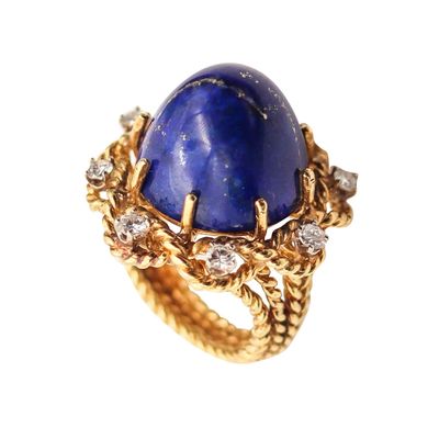 RETRO MODERN 1960 Cocktail Ring In 18Kt Yellow Gold With Lapis And Diamonds