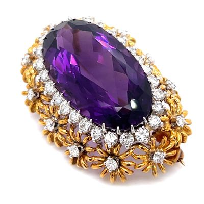1960s 18K Yellow Gold Amethyst & Diamond Pendant/Brooch